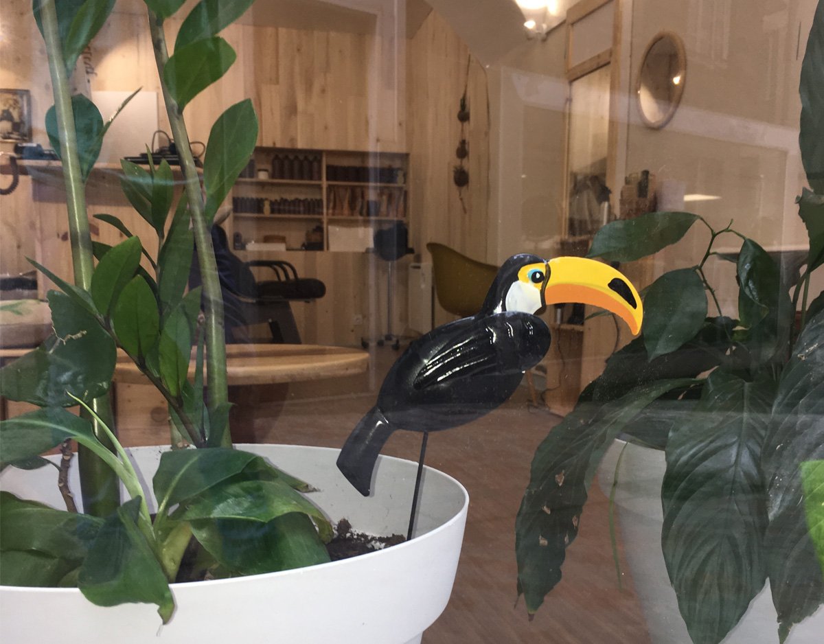 Plantes vertes et statuette de toucan dans le salon Arborescence